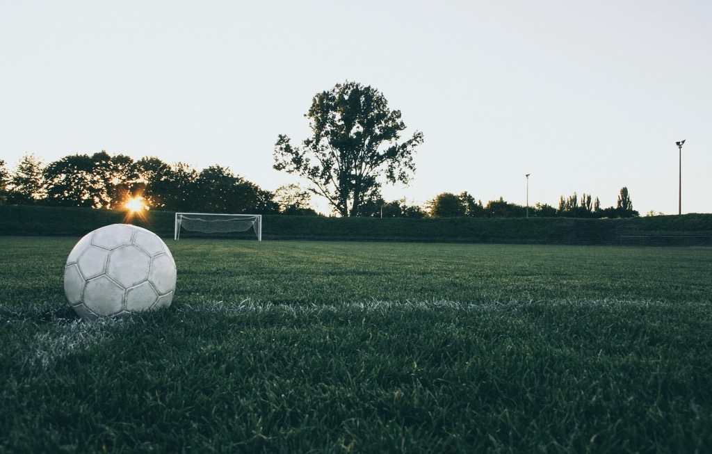 Bola de futebol branca parada no gramado